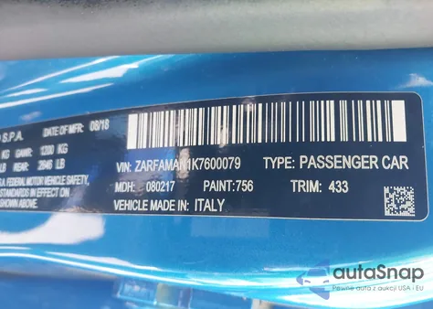 2019 Alfa Romeo Giulia Rwd z USA, uszkodzony, nr VIN ZARFAMAN1K7600079